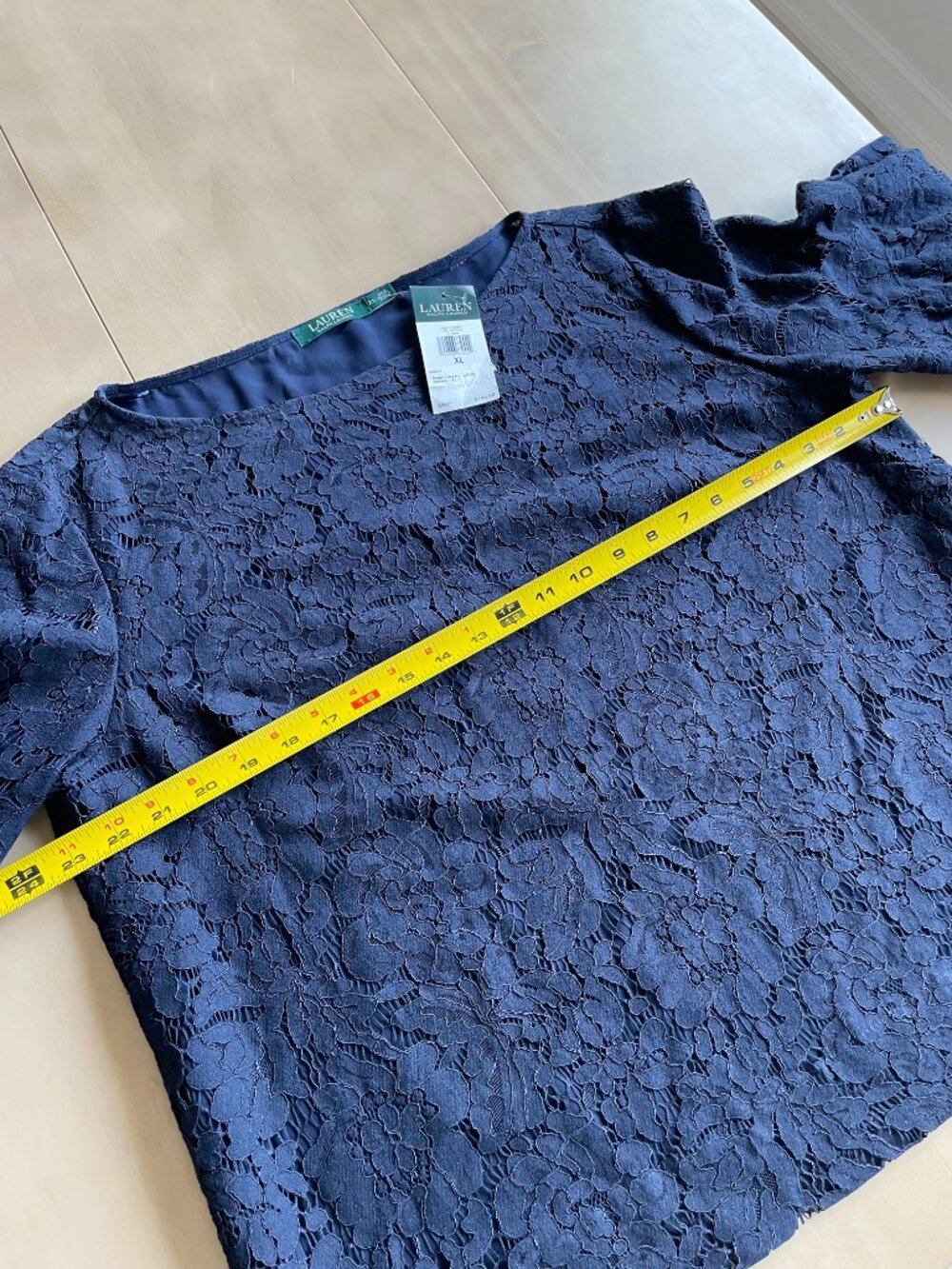 Entire Closet $5! $145 NEW Lauren Ralph Lauren Navy Blue Lace Bell Sleeve Top - Picture 8 of 13